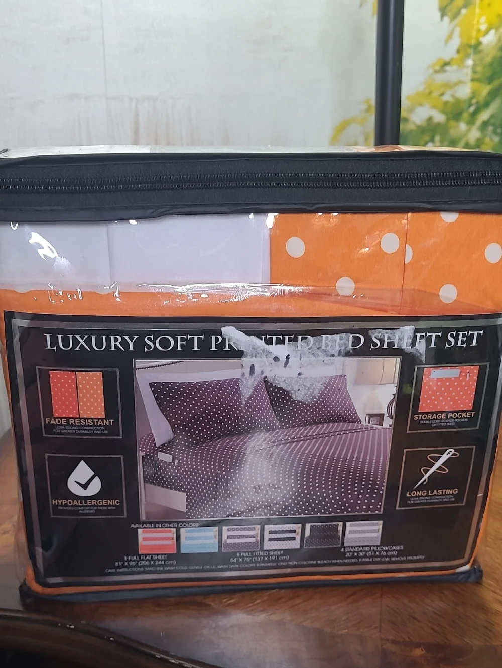 New in bag Luxury 1500 count Orange White Polka Dot Full Size 6 Pc Bed Sheet Set